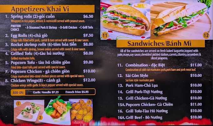 Printed appetizers and bánh mì menu with prices